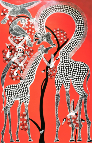 Giraffes and the tree on red I