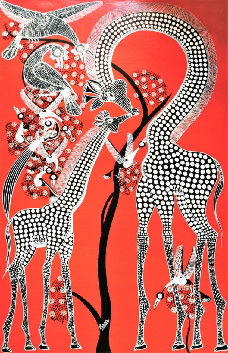 Giraffes and the tree on red I